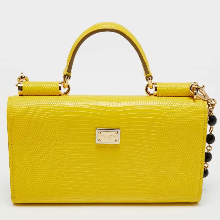Pre Owned Dolce & Gabbana Yellow Leather Embellished Miss Sicily Von Wallet on Chain