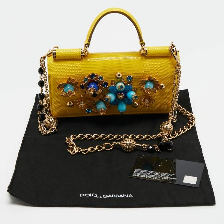 Pre Owned Dolce & Gabbana Yellow Leather Embellished Miss Sicily Von Wallet on Chain