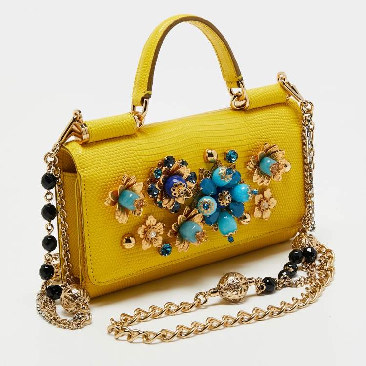 Pre Owned Dolce & Gabbana Yellow Leather Embellished Miss Sicily Von Wallet on Chain