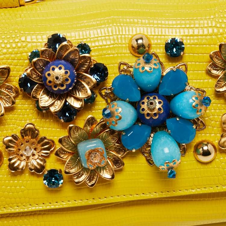 Pre Owned Dolce & Gabbana Yellow Leather Embellished Miss Sicily Von Wallet on Chain