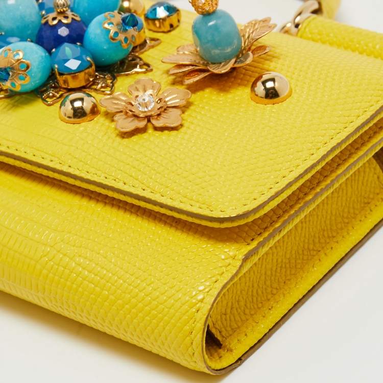 Pre Owned Dolce & Gabbana Yellow Leather Embellished Miss Sicily Von Wallet on Chain
