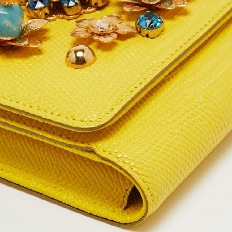 Pre Owned Dolce & Gabbana Yellow Leather Embellished Miss Sicily Von Wallet on Chain