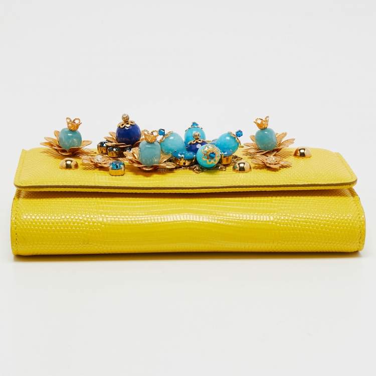Pre Owned Dolce & Gabbana Yellow Leather Embellished Miss Sicily Von Wallet on Chain