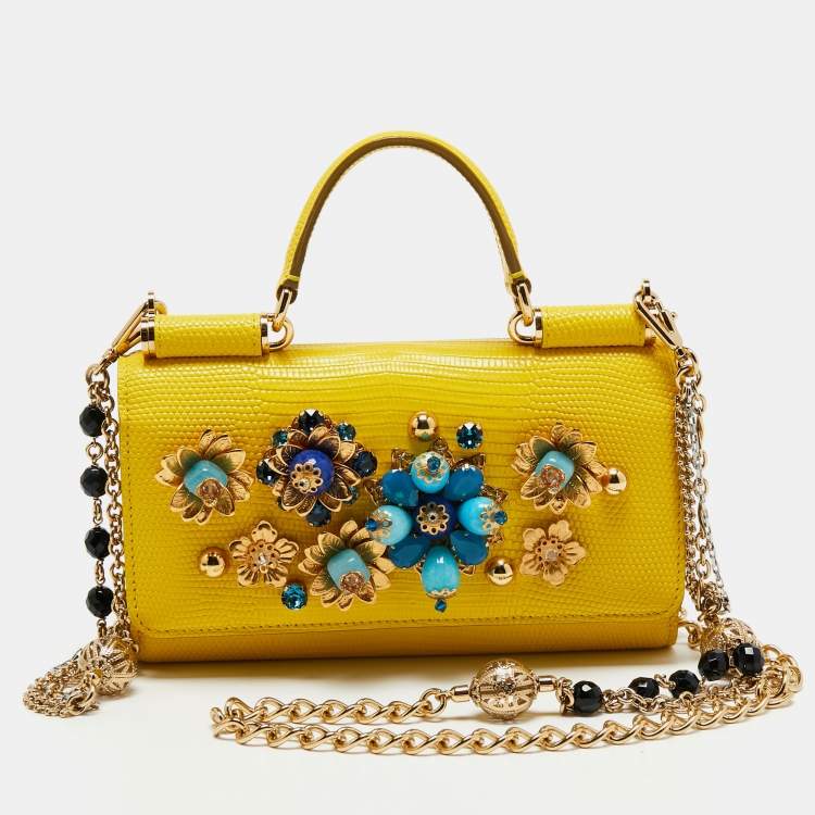 Pre Owned Dolce & Gabbana Yellow Leather Embellished Miss Sicily Von Wallet on Chain