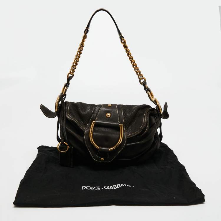 Pre Owned Dolce & Gabbana Dark Grey Leather D Ring Flap Hobo