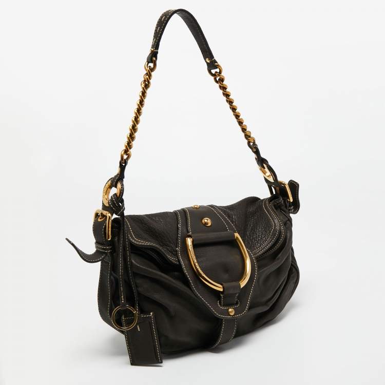 Pre Owned Dolce & Gabbana Dark Grey Leather D Ring Flap Hobo