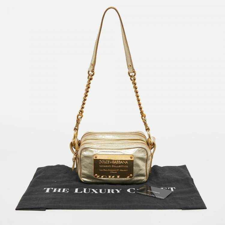 Pre Owned Dolce & Gabbana Metallic Gold Leather Double Zip Camera Bag