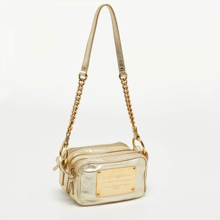 Pre Owned Dolce & Gabbana Metallic Gold Leather Double Zip Camera Bag