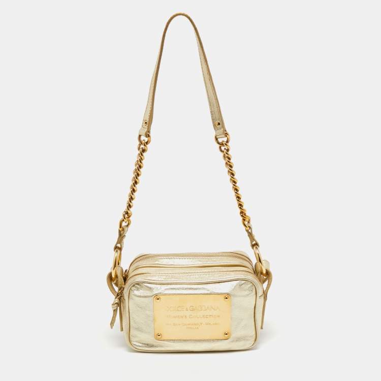 Pre Owned Dolce & Gabbana Metallic Gold Leather Double Zip Camera Bag