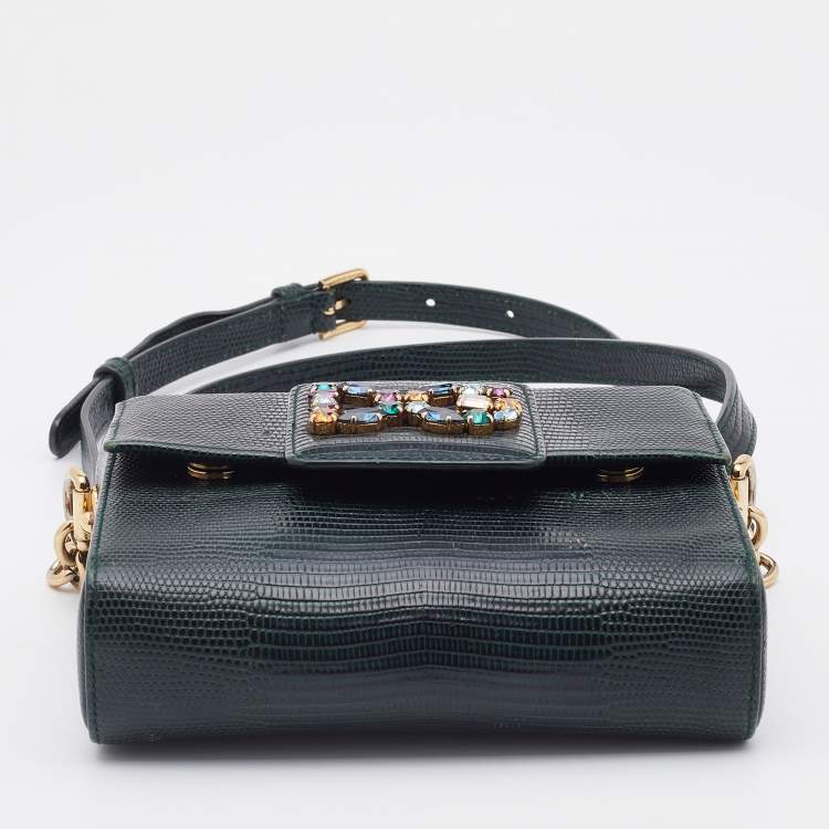 Pre Owned Dolce & Gabbana Green Iguana Embossed Leather Mini DG Millennials Crossbody Bag