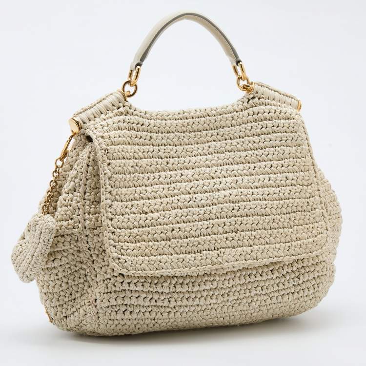 مملوكة مسبقًا Dolce & Gabbana White Woven Straw and Leather Miss Sicily Top Handle Bag