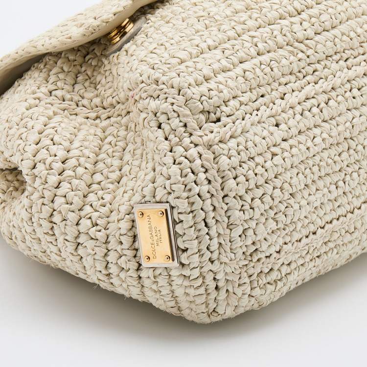 مملوكة مسبقًا Dolce & Gabbana White Woven Straw and Leather Miss Sicily Top Handle Bag