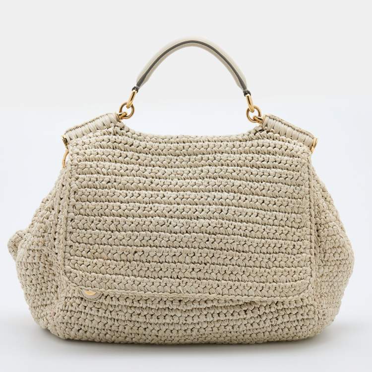 مملوكة مسبقًا Dolce & Gabbana White Woven Straw and Leather Miss Sicily Top Handle Bag