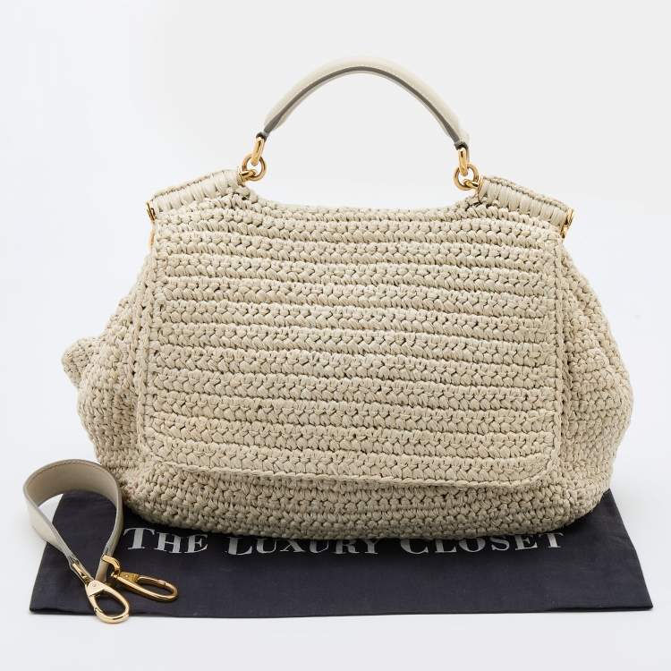 مملوكة مسبقًا Dolce & Gabbana White Woven Straw and Leather Miss Sicily Top Handle Bag
