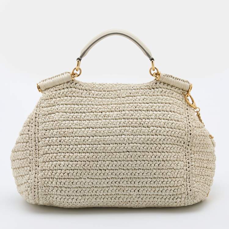 مملوكة مسبقًا Dolce & Gabbana White Woven Straw and Leather Miss Sicily Top Handle Bag