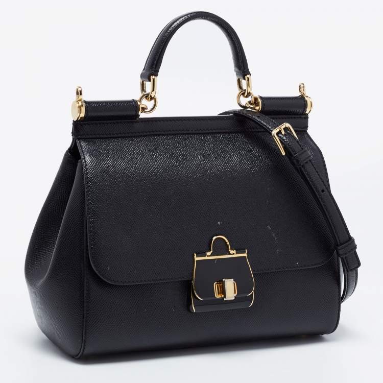 Pre Owned Dolce & Gabbana Black Dauphine Leather Medium Miss Sicily Top Handle Bag