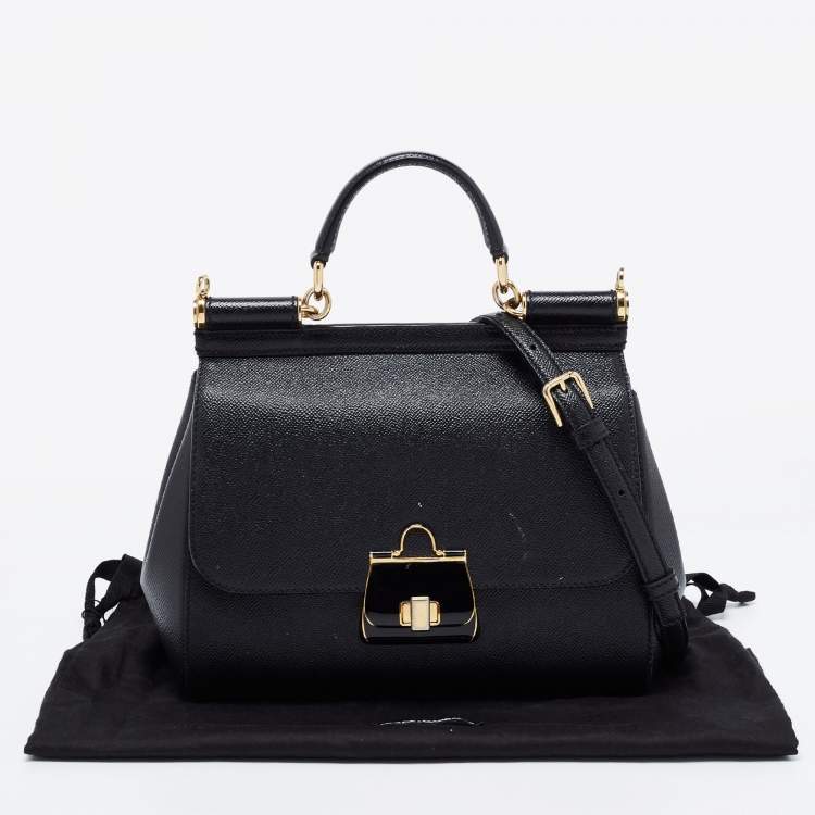 Pre Owned Dolce & Gabbana Black Dauphine Leather Medium Miss Sicily Top Handle Bag