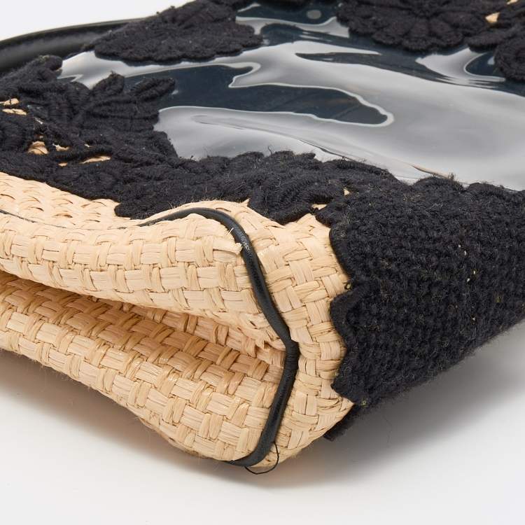 Pre Owned Dolce & Gabbana Beige/Black Raffia and PVC Miss Sicily East West Embroidered Top Handle Bag