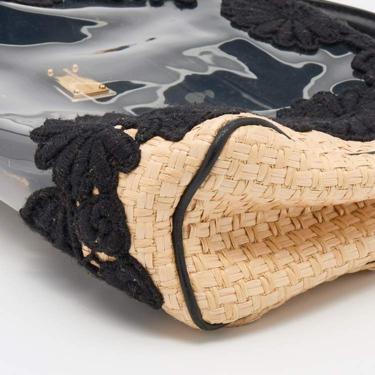 Pre Owned Dolce & Gabbana Beige/Black Raffia and PVC Miss Sicily East West Embroidered Top Handle Bag