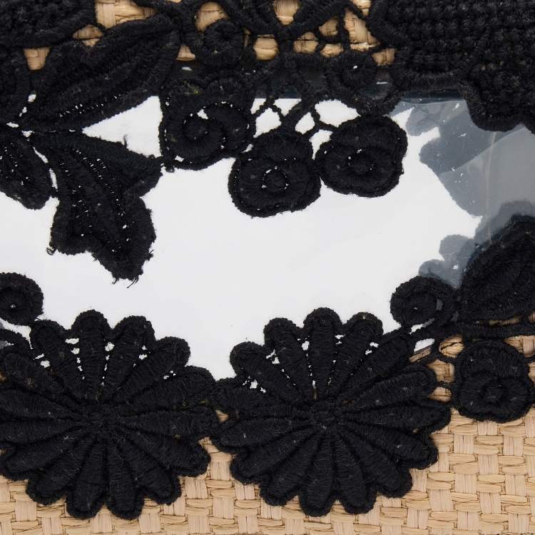 Pre Owned Dolce & Gabbana Beige/Black Raffia and PVC Miss Sicily East West Embroidered Top Handle Bag