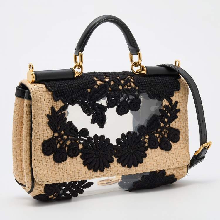 Pre Owned Dolce & Gabbana Beige/Black Raffia and PVC Miss Sicily East West Embroidered Top Handle Bag