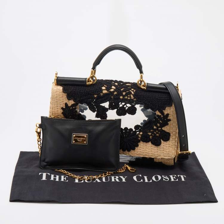 Pre Owned Dolce & Gabbana Beige/Black Raffia and PVC Miss Sicily East West Embroidered Top Handle Bag
