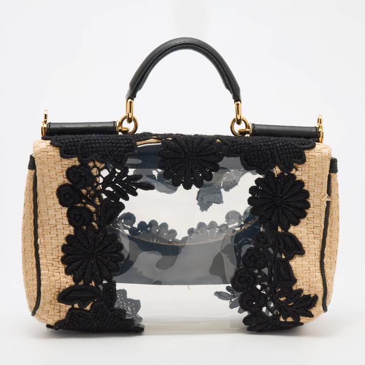 Pre Owned Dolce & Gabbana Beige/Black Raffia and PVC Miss Sicily East West Embroidered Top Handle Bag
