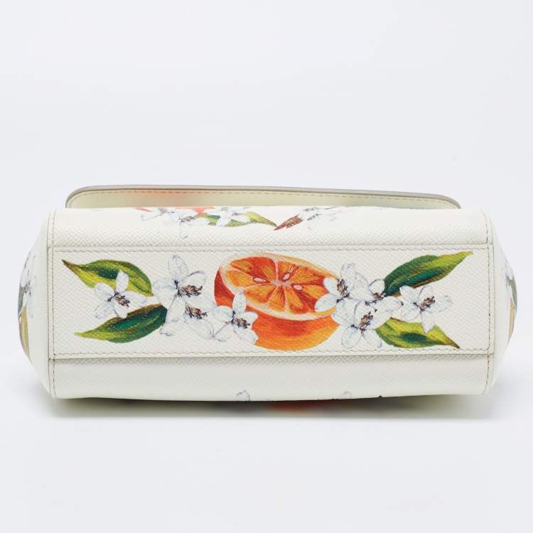 Pre Owned Dolce & Gabbana Off White Orange Printed Leather Small Miss Sicily Top Handle Bag
