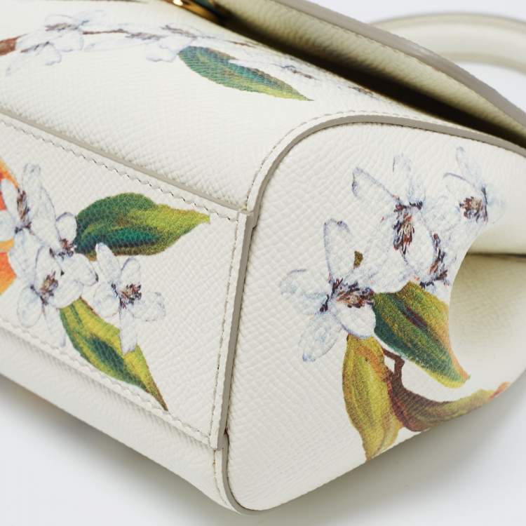 Pre Owned Dolce & Gabbana Off White Orange Printed Leather Small Miss Sicily Top Handle Bag