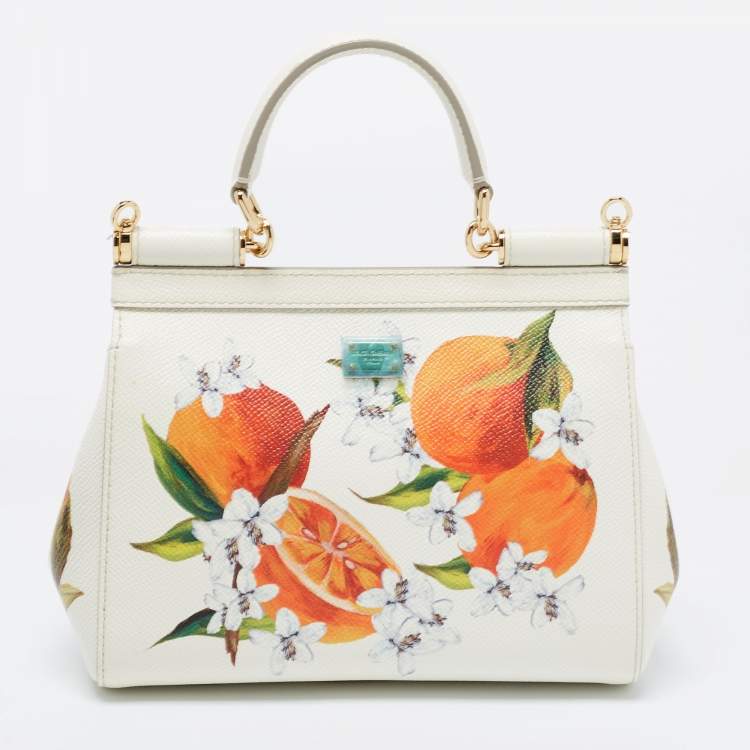 Pre Owned Dolce & Gabbana Off White Orange Printed Leather Small Miss Sicily Top Handle Bag