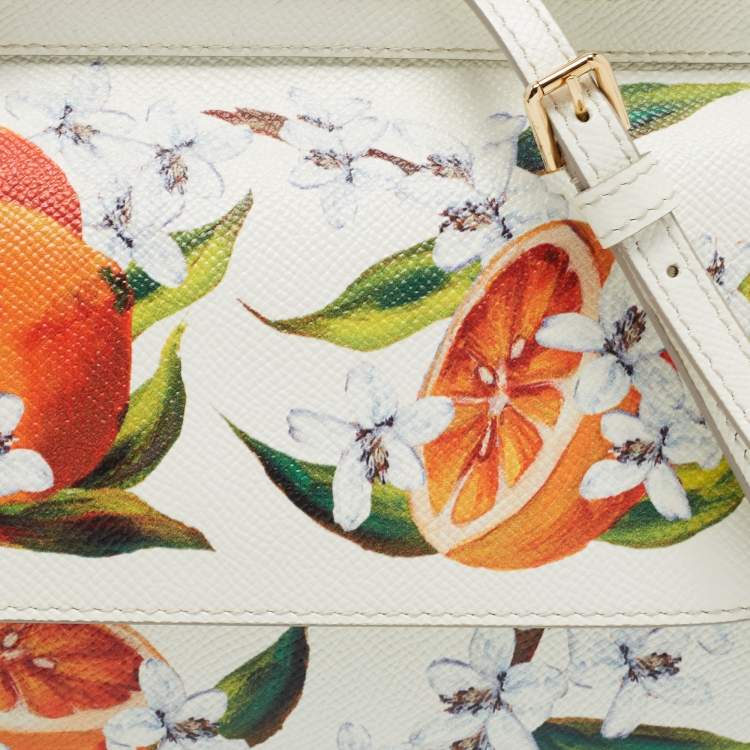 Pre Owned Dolce & Gabbana Off White Orange Printed Leather Small Miss Sicily Top Handle Bag
