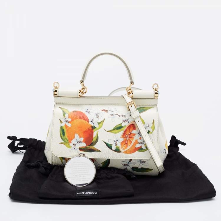 Pre Owned Dolce & Gabbana Off White Orange Printed Leather Small Miss Sicily Top Handle Bag