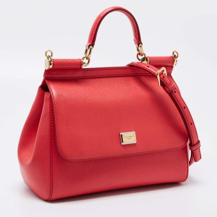 Pre Owned Dolce & Gabbana Red Leather Medium Miss Sicily Top Handle Bag