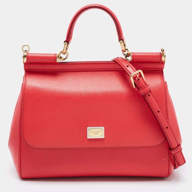 Pre Owned Dolce & Gabbana Red Leather Medium Miss Sicily Top Handle Bag