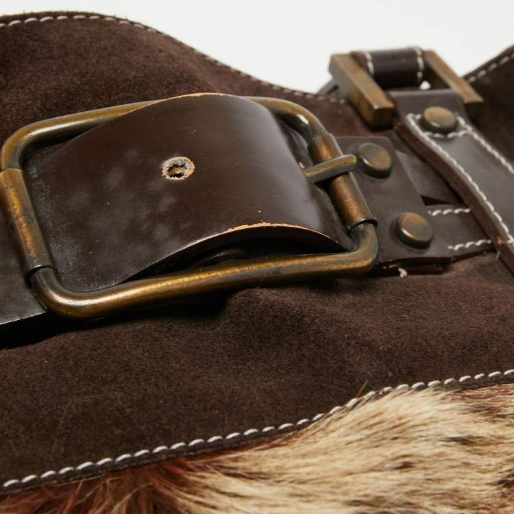 Pre Owned Dolce & Gabbana Brown/Beige Logo Embossed Suede and Calf Hair Tote