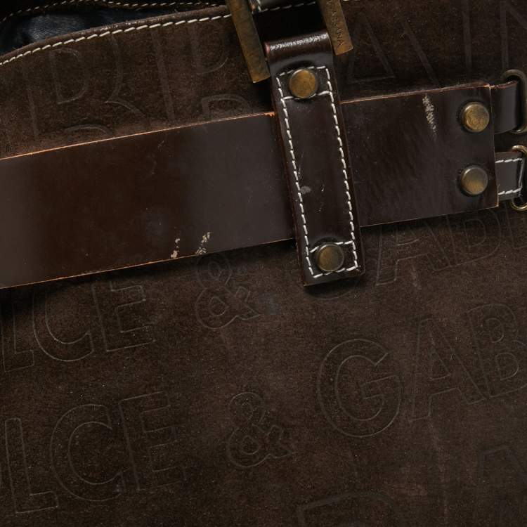Pre Owned Dolce & Gabbana Brown/Beige Logo Embossed Suede and Calf Hair Tote