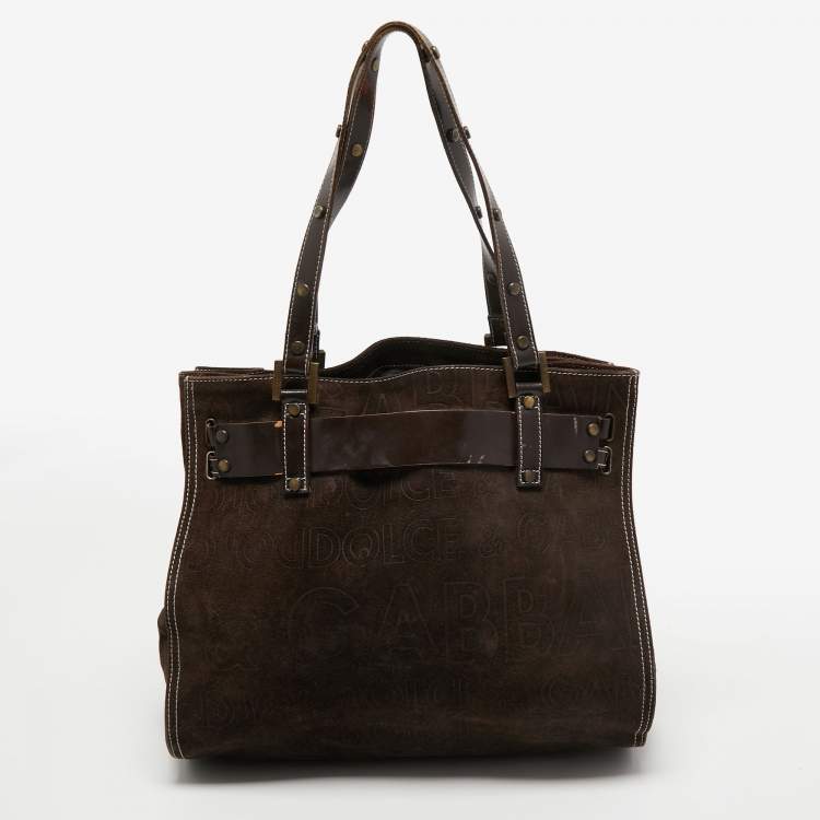 Pre Owned Dolce & Gabbana Brown/Beige Logo Embossed Suede and Calf Hair Tote