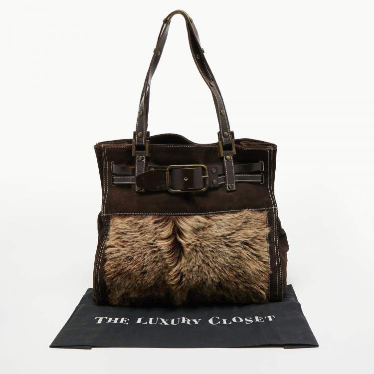 Pre Owned Dolce & Gabbana Brown/Beige Logo Embossed Suede and Calf Hair Tote