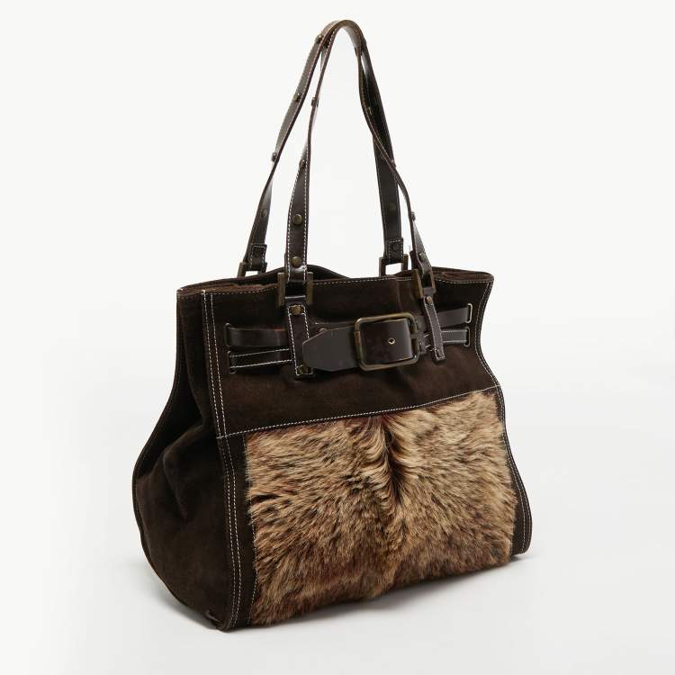 Pre Owned Dolce & Gabbana Brown/Beige Logo Embossed Suede and Calf Hair Tote