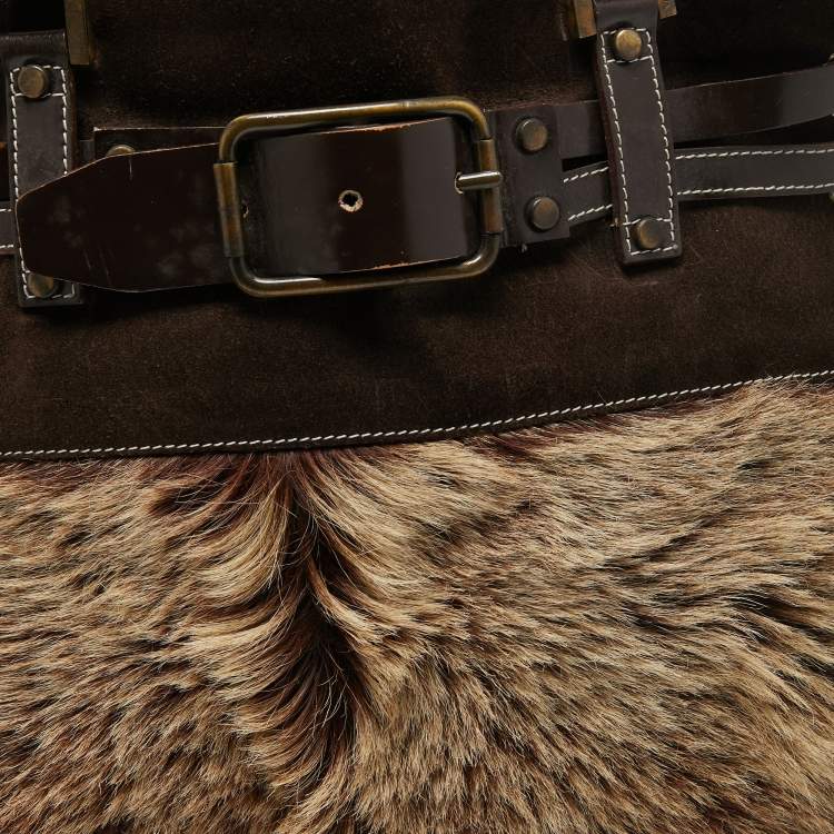 Pre Owned Dolce & Gabbana Brown/Beige Logo Embossed Suede and Calf Hair Tote