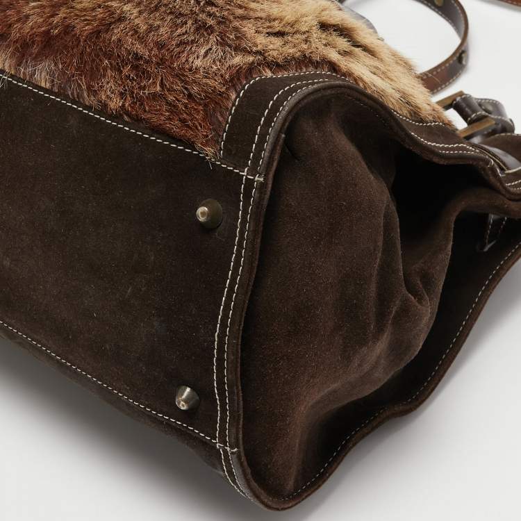 Pre Owned Dolce & Gabbana Brown/Beige Logo Embossed Suede and Calf Hair Tote