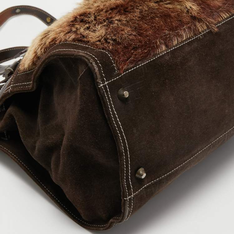 Pre Owned Dolce & Gabbana Brown/Beige Logo Embossed Suede and Calf Hair Tote