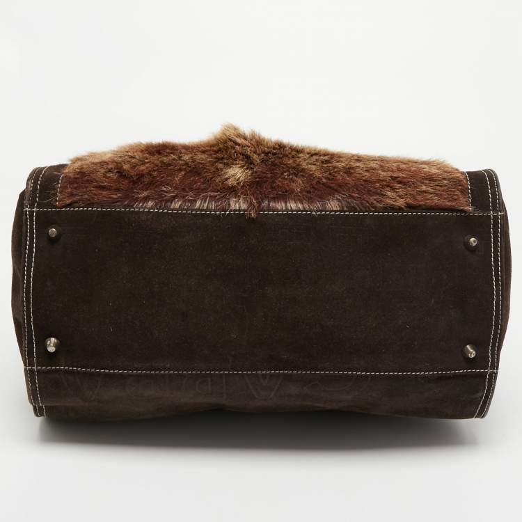 Pre Owned Dolce & Gabbana Brown/Beige Logo Embossed Suede and Calf Hair Tote