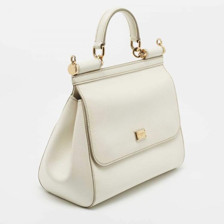 Pre Owned Dolce & Gabbana Off White Leather Medium Miss Sicily Top Handle Bag