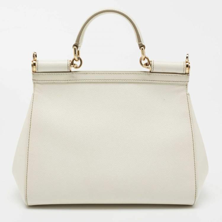 Pre Owned Dolce & Gabbana Off White Leather Medium Miss Sicily Top Handle Bag