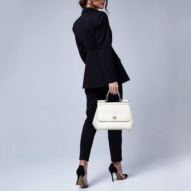Pre Owned Dolce & Gabbana Off White Leather Medium Miss Sicily Top Handle Bag