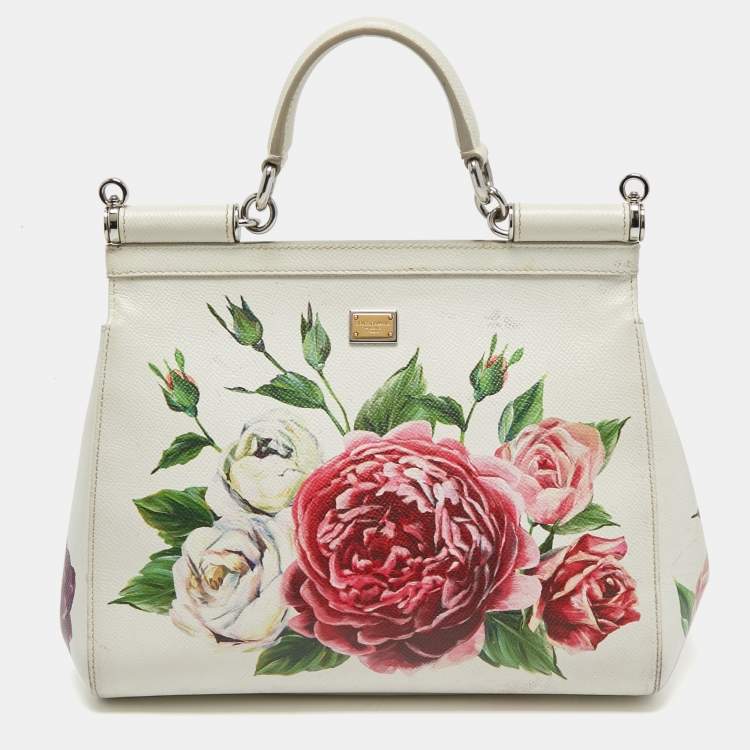 Pre Owned Dolce & Gabbana White Floral Print Leather Medium Miss Sicily Top Handle Bag