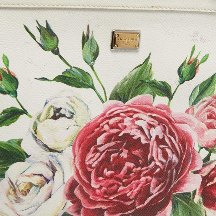 Pre Owned Dolce & Gabbana White Floral Print Leather Medium Miss Sicily Top Handle Bag