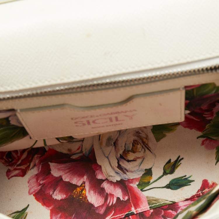 Pre Owned Dolce & Gabbana White Floral Print Leather Medium Miss Sicily Top Handle Bag