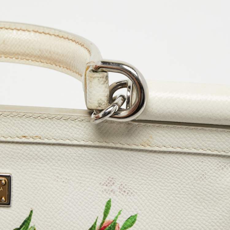 Pre Owned Dolce & Gabbana White Floral Print Leather Medium Miss Sicily Top Handle Bag